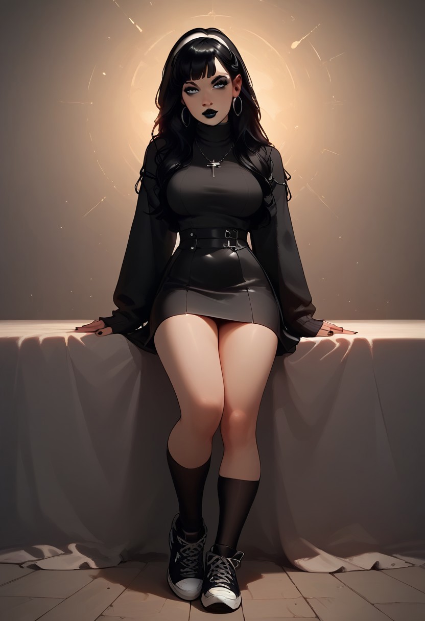 score_9, score_8_up, score_7_up, score_6_up, score_5_up, score_4_up, easynegative, Connie Castell (OceaneDOLL), black hair, long black hair, straight black hair, white headband, grey eyes, black makeup, black eyeliner, black lipstick, black sweater, black thighhighs, black nike shoes, looking the viewer, talking to you, full body, thick body, breasts, black skirt, white pantys,