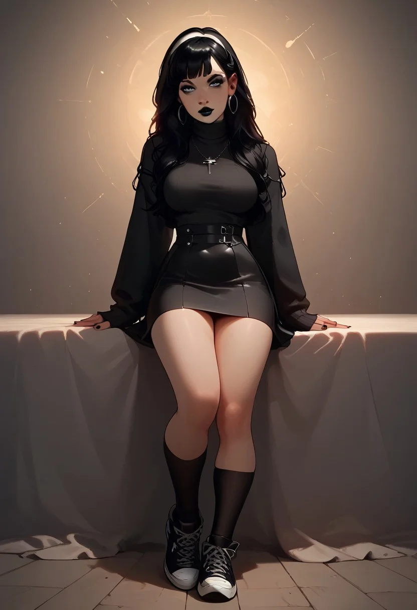 score_9, score_8_up, score_7_up, score_6_up, score_5_up, score_4_up, easynegative, Connie Castell (OceaneDOLL), black hair, long black hair, straight black hair, white headband, grey eyes, black makeup, black eyeliner, black lipstick, black sweater, black thighhighs, black nike shoes, looking the viewer, talking to you, full body, thick body, breasts, black skirt, white pantys,