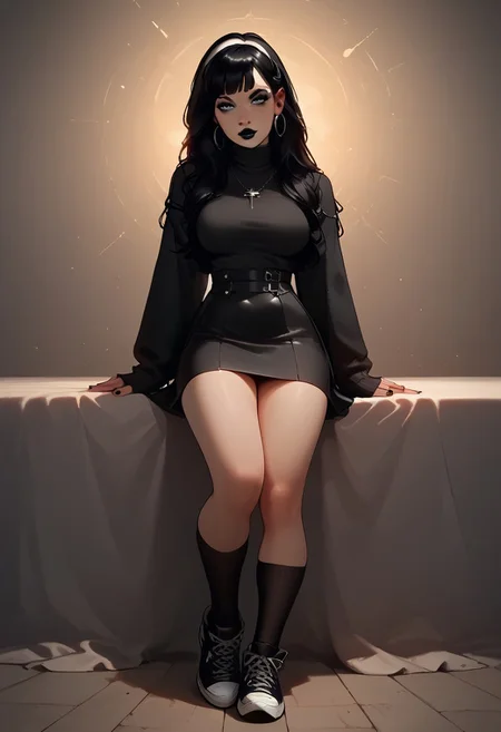 score_9, score_8_up, score_7_up, score_6_up, score_5_up, score_4_up, easynegative, Connie Castell (OceaneDOLL), black hair, long black hair, straight black hair, white headband, grey eyes, black makeup, black eyeliner, black lipstick, black sweater, black thighhighs, black nike shoes, looking the viewer, talking to you, full body, thick body, breasts, black skirt, white pantys,