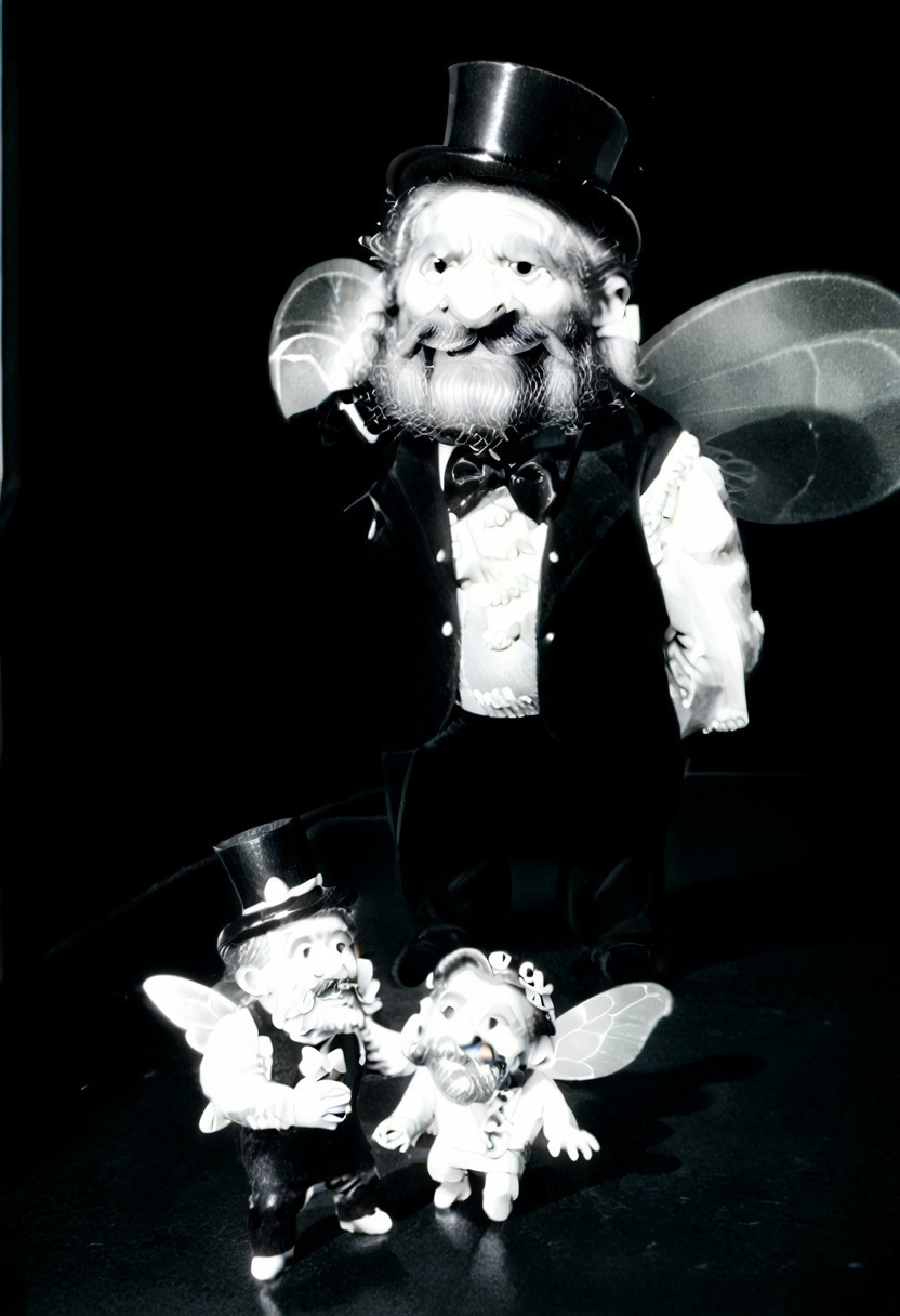 (((black and white, monochrome, greyscale, powerbeard, long beard, huge beard, very long beard))),((fairy, wings, highpixiedsrk, fully clothed, small man with mustache, top hat, kenbis, chibi, chibi, male only, dancing, male, male chibi, monocle, art deco, thick mustache, comically large mustache, handlebar mustache, tiny, multiple men, shrunk, microxl, some little guys, 2 men, high angle, from above)), bwMovies, realistic, photo, vintage photo, ((very small man, small man, a small man, a man who is small, a small man)) suit, an unapologetically small human male, black and white, smiling, very happy, euphoric, ecstatic, wonderful small men, large smile, huge smile, muscular, muscles, indoors, cinema, movie theater, detailed background