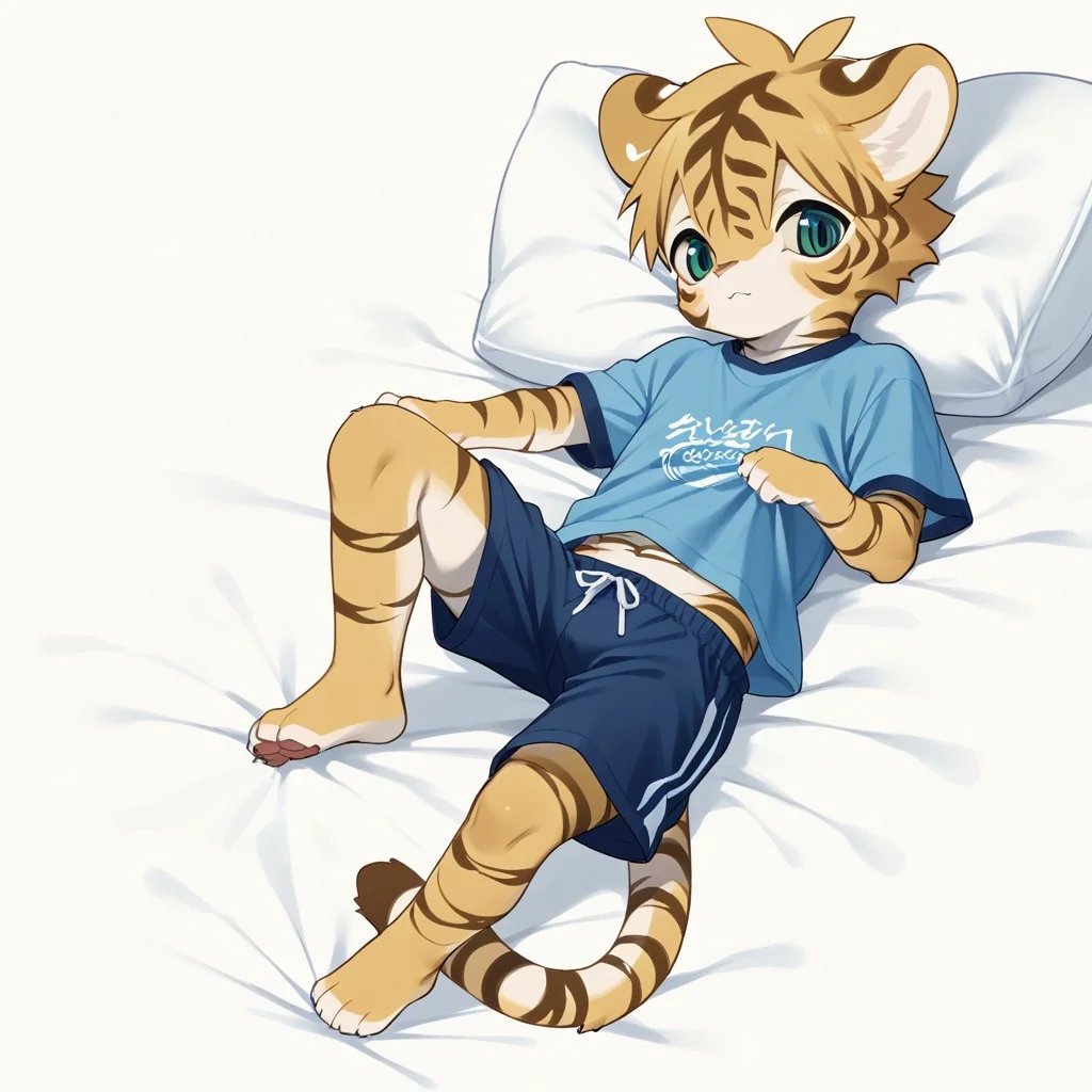 Kemono art style, tiger, solo, cute, short male, small anthro, shirt, shorts, laying down, full body, score_9, score_8_up, score_7_up
