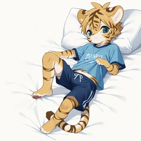 Kemono art style, tiger, solo, cute, short male, small anthro, shirt, shorts, laying down, full body, score_9, score_8_up, score_7_up