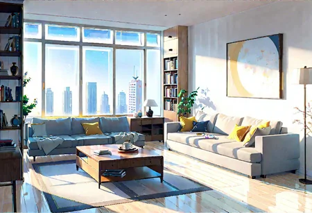 ((front view)), (Close-Up View), (Rule of Thirds), ((animation style)), modern-style interior, white walls, ((large windows)), wooden floor, a  study, Sofa, coffee table, bookcase, single wall, 
warm light morning sun, (((City high-rise building scenery))), (((clear sky)))