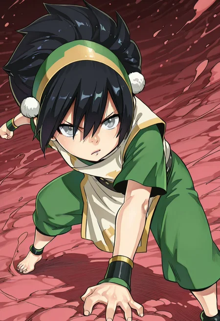 illutoph, black hair, hair between eyes, blind, grey eyes, hairband, wristband, tunic, capri pants, barefoot, ankleband, breasts, (extremely detailed CG), (best quality) (Hiro_Mashima), (masterpiece, best quality, absurdres, detailed,perfect quality, amazing quality, newest, ultra-detailed:1.2), extremely detailed, distortion-free, illustration, (Black lines, thick strokes, detailed strokes,smooth lines,), looking at viewer, detailed clothing, shinny HAIR, detailed skin, detailed eyes, horny, curvy_hips, shinny skin, anime coloring, anime screencap, 1girl, solo, leaning forward with her body slightly angled, suggesting a powerful, aggressive stance ready to strike. Both fists are clenched, suggesting imminent attack. Her legs are positioned in a slightly low, yet balanced stance with straight back, providing a strong base for her upper body movement.