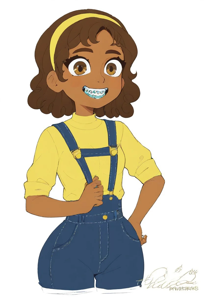 score_9, score_8_up, score_7_up, (low depth of field:1.2), 
drawn in the style of summertime saga, high contrast, best quality, cowboy shot,
white background,
BREAK
1girl, brown skin, short, light brown eyes, brown eyebrows, Voluminous curly hair, brown hair, dental braces,
small breasts, wide hips, large ass, yellow headband, navy blue overalls, yellow shirt