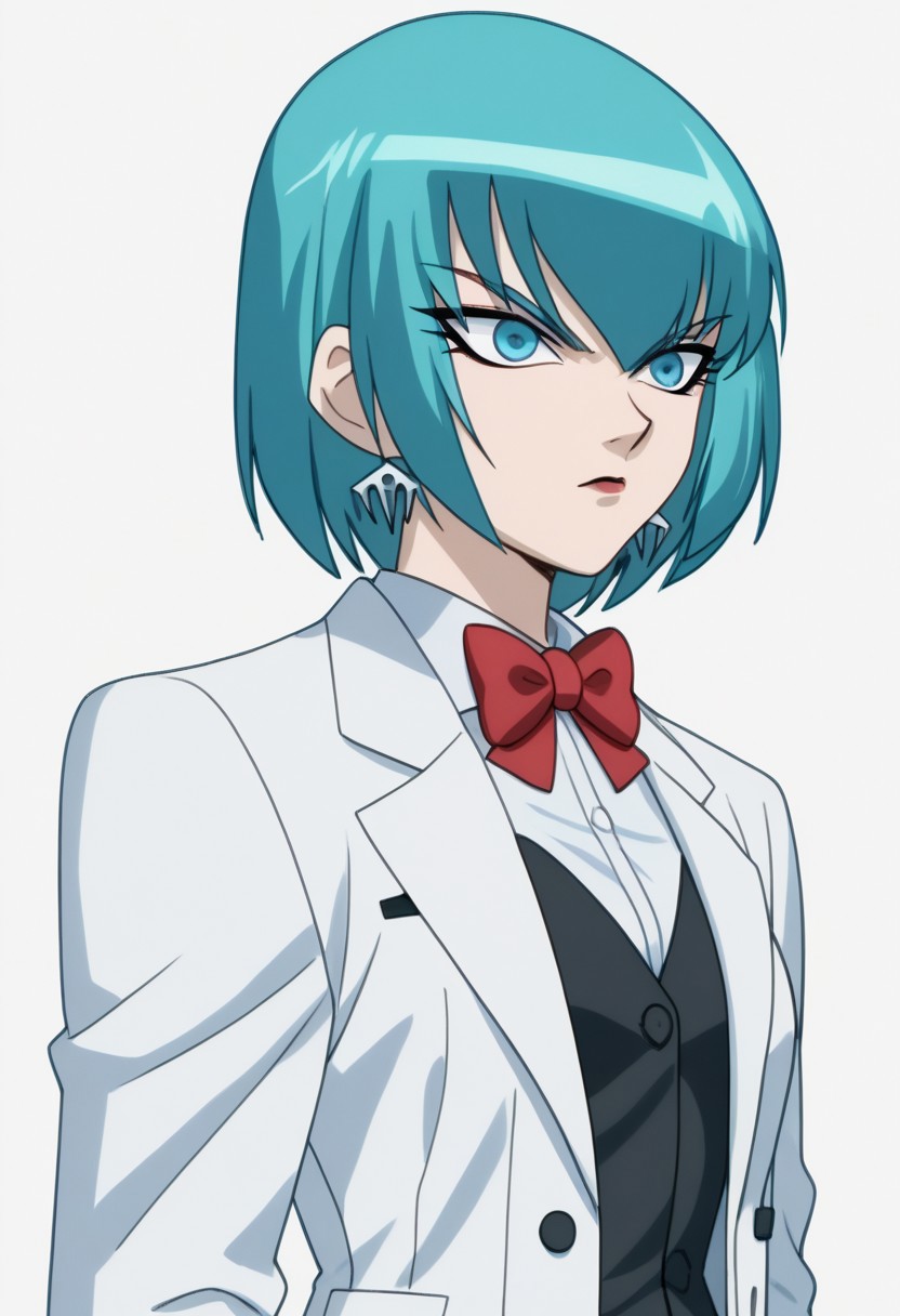 score 9, score 8 up, score 7 up, bakugan, bakugan new vestroia, mylene farrow, 1girl, solo, makeup, bow, earrings, short hair, formal, blue eyes, suit, jewelry, bowtie, blue hair, red bow, white suit, white spants, aqua hair