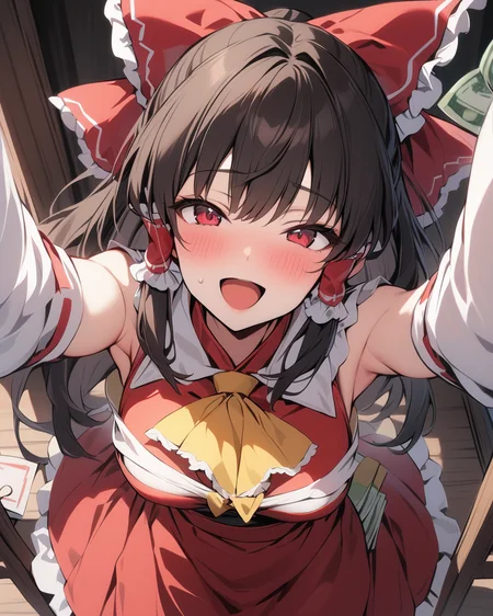 hakurei reimu,1girl,black hair, hair_bow, solo, red_bow, detached_sleeves, money, hair_tubes, ascot, open_mouth, red_skirt, ribbon-trimmed_sleeves, :d, bare_shoulders, blush
<lora:hakurei_reimu_image6409_2023-12-06-000004:1>,masterpiece, best quality