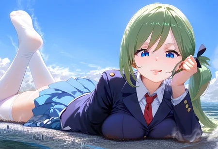 Safe_pos, score_9, score_8_up, score_7_up, detailed face, best quality, 1girl, solo, masterpiece, detailed background, beautiful, detailed eyes, mature female, giantess, macro
side view, lien,
Blue eyes, bangs, sidelocks, side ponytail, green hair, medium breasts,
blue skirt, blue jacket, school uniform, red tie, blazer, white legwear,
laying on stomach, breast squish, shadowed face, open mouth, licking lips, tongue, growing
long river, skyline, cityscape, destroyed cityscape, earthquake, fire, steam, fog, craters