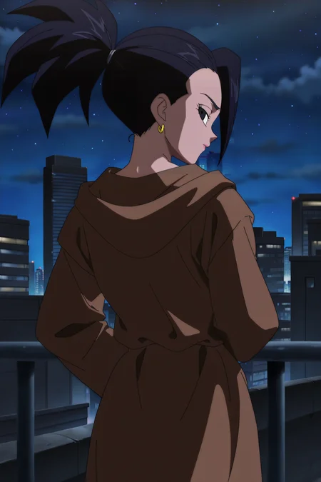anime screencap, absurdres, high quality,
kale, official style, 1girl, solo, looking at viewer, outdoors, cityscape, black hair, standing, decepticon, ponytail, hoop earrings, looking back, from behind, black eyes, night, brown robe, cowboy shot, arm behind back, night sky, arm at side, star \(sky\), sinister,
<lora:kaleDBS_v1:0.8>