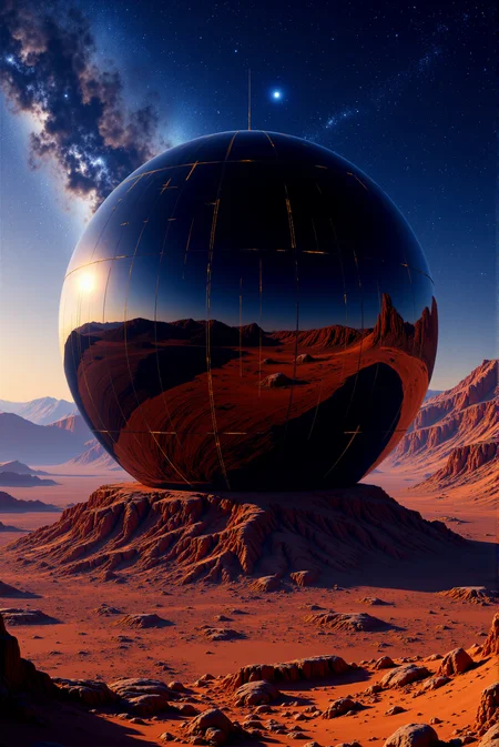 <lora:Legacy_of_the_forerunners_r1:0.8>
A colossal, obsidian-black sphere rests motionless atop a jagged mesa in an alien desert, its flawless mirror-like surface bending the twilight landscape into warped reflections of deep amber dunes and violet-shadowed cliffs. The sphere glows with subtle, ember-like fissures etched in erratic circuitry across its surface, flickering faint orange against the encroaching dusk. Above, a star-streaked sky bursts with galactic blues and nebular whites, its celestial drama perfectly mirrored across the curvature of the orb with uncanny clarity. A low, wide-angle perspective amplifies the surreal contrast between the hyper-polished, chrome-like gloss of the sphere and the raw, gritty textures of the barren terrain. The composition blends photorealistic rendering with sci-fi surrealism, using chiaroscuro lighting and parametric reflection mapping to dramatize the interplay of starlight, atmosphere, and mirrored geometry.