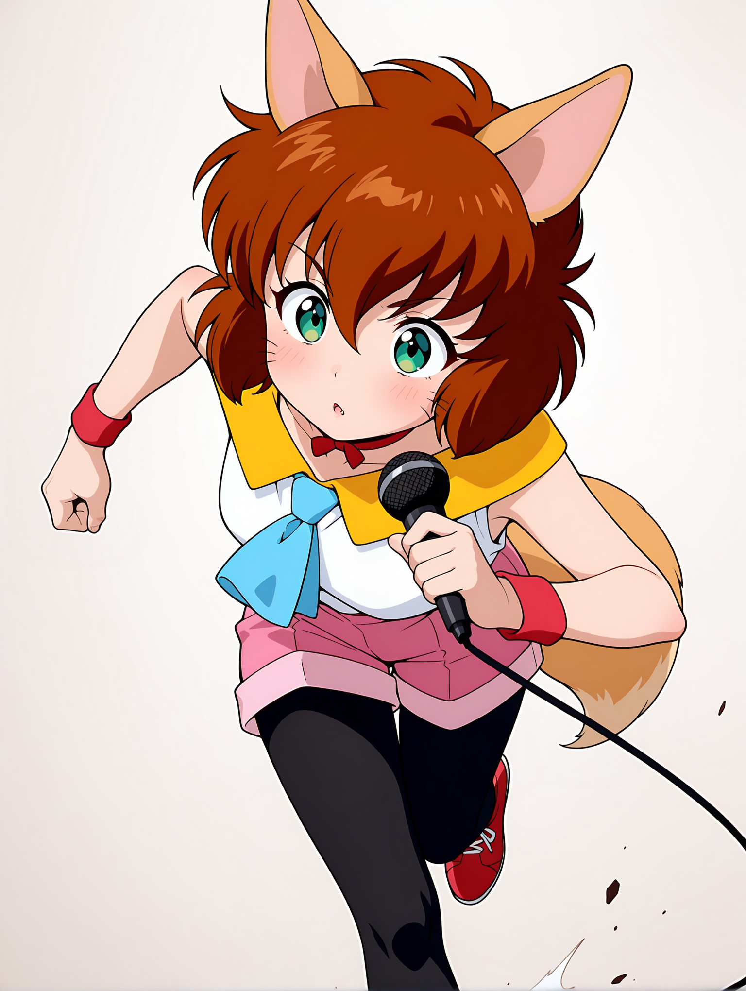 masterpiece,best quality,amazing quality,
1girl,solo,
anime screencap,<lora:koto_ilxl_v1.0:1>,koto,brown hair,green eyes,whiskers,fang out,
k_clothes,yellow collar,red ribbon choker,white sleeveless shirt,blue necktie,pink shorts,fox tail,black_pantyhose,red footwear,k_m,holding microphone,
<lora:Fixhands_anime_bdsqlsz_V1:1>,simple background,running,parted lips,