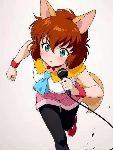 masterpiece,best quality,amazing quality,
1girl,solo,
anime screencap,<lora:koto_ilxl_v1.0:1>,koto,brown hair,green eyes,whiskers,fang out,
k_clothes,yellow collar,red ribbon choker,white sleeveless shirt,blue necktie,pink shorts,fox tail,black_pantyhose,red footwear,k_m,holding microphone,
<lora:Fixhands_anime_bdsqlsz_V1:1>,simple background,running,parted lips,