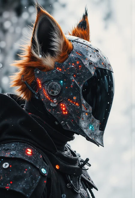Studio Ghibli meets Dark Space-Noir, A sideview profile portrait of an anthro fox pilot, sleek and elegant, his vulpine muzzle barely visible beneath an aerodynamic polygon helmet—sharp angles of obsidian and chrome, glinting with neon scars. The helmet, wrapped tightly to his head like a cursed relic of a dead civilization, reflects fragmented starlight from a ruined planet. His fur, burnt orange and cream, emerges at the nape of the helmet, caught in artificial wind from a breached airlock. A cybernetic ribbon of dim cerulean light trails from his collar joint, flickering faintly with system pulses. His eyes are hidden beneath the visor, but his snout is slightly lifted, as if mid-sigh—melancholy encoded in motion. A fractured whisper of static surrounds him like a prayer lost in transmission. His space cloak, matte black and carbon-threaded, flutters silently in zero gravity. Only the reinforced collar of his stealth armor is visible—etched with alien runes and battle scars. The lighting is stark and moody, with red emergency lights casting broken halos around his silhouette.