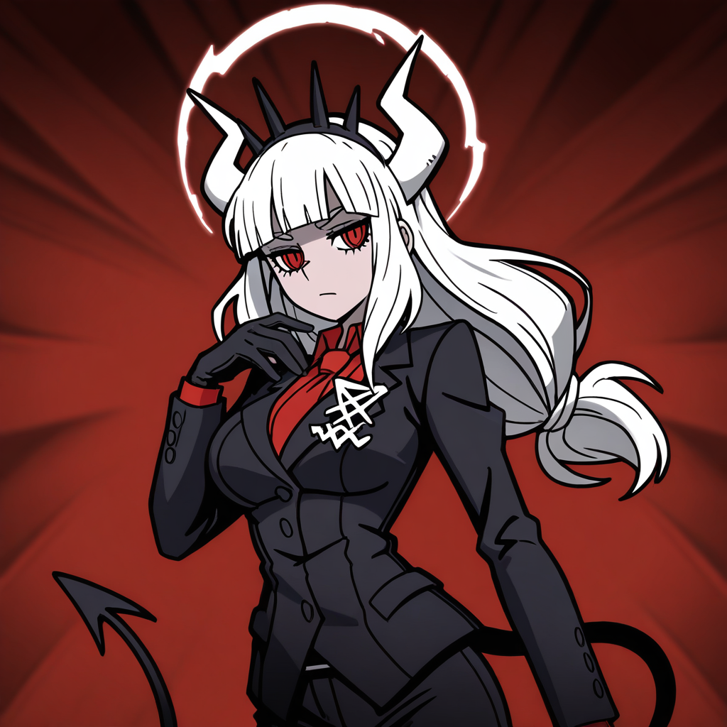 masterpiece, best quality, newest, absurdres, highres, anime, anime style, DDVirtue-V1.1, halo, 1girl, lucifer \(helltaker\), black suit, red necktie, black collared shirt, black gloves, blunt bangs, demon horns, demon girl, demon tail, red eyes, white hair, long hair
