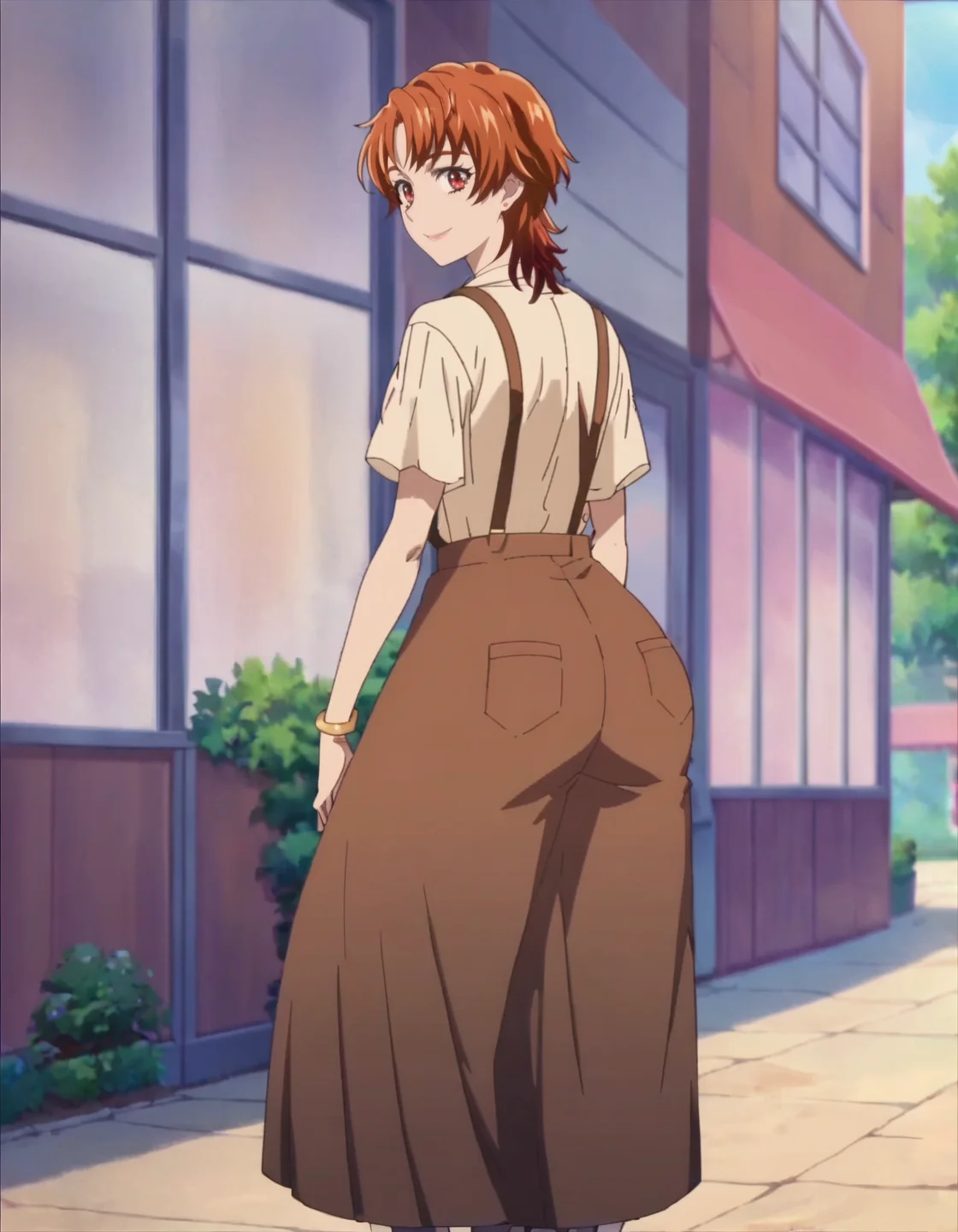 score_9, score_8_up, score_7_up, anime screencap, solo,1girl,natsukirin, 1girl, solo, skirt, suspenders, smile, looking at viewer, jewelry, shirt, long skirt, short sleeves, bracelet, brown skirt,cowboy shot,medium breastsfrom behind,bent,huge ass<lora:natsukirin:0.8>,