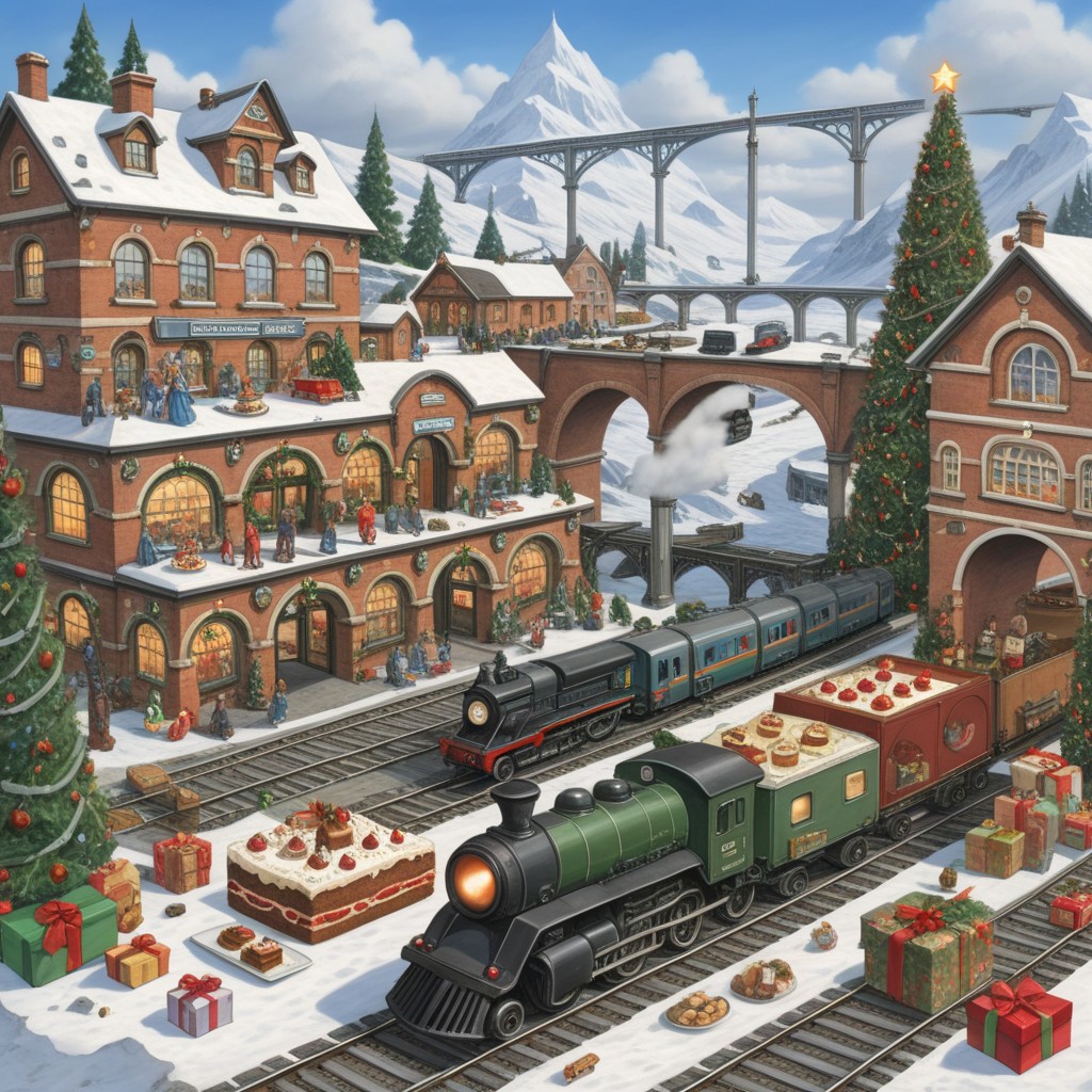 train station, bridge, window, science fiction, traditional media, motor vehicle, day, vehicle focus, road, gift, railway, christmas, food, cloud, box, cake, fireplace, plant, weapon, snow