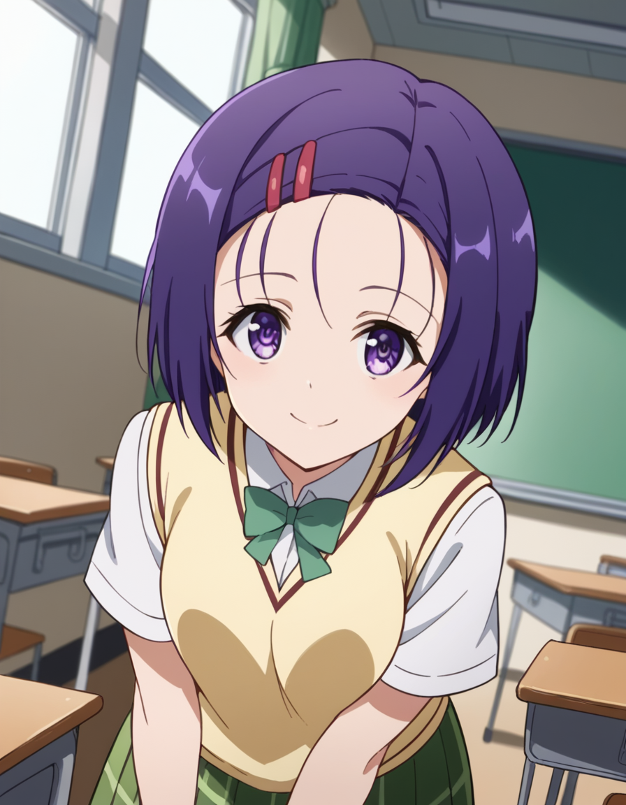 score_9, score_8_up, score_7_up, source_anime,
harunasairenji, <lora:haruna-sairenji-darkness-ponyxl-lora-nochekaiser:1>,
haruna sairenji, hair ornament, hairclip, purple eyes, purple hair, short hair, swept bangs, forehead,
green skirt, plaid, plaid skirt, sainan high school uniform, school uniform, skirt, sweater vest, yellow sweater, short sleeves,
indoors, classroom, bent over, smile,
looking at viewer, cowboy shot, dutch angle, solo,