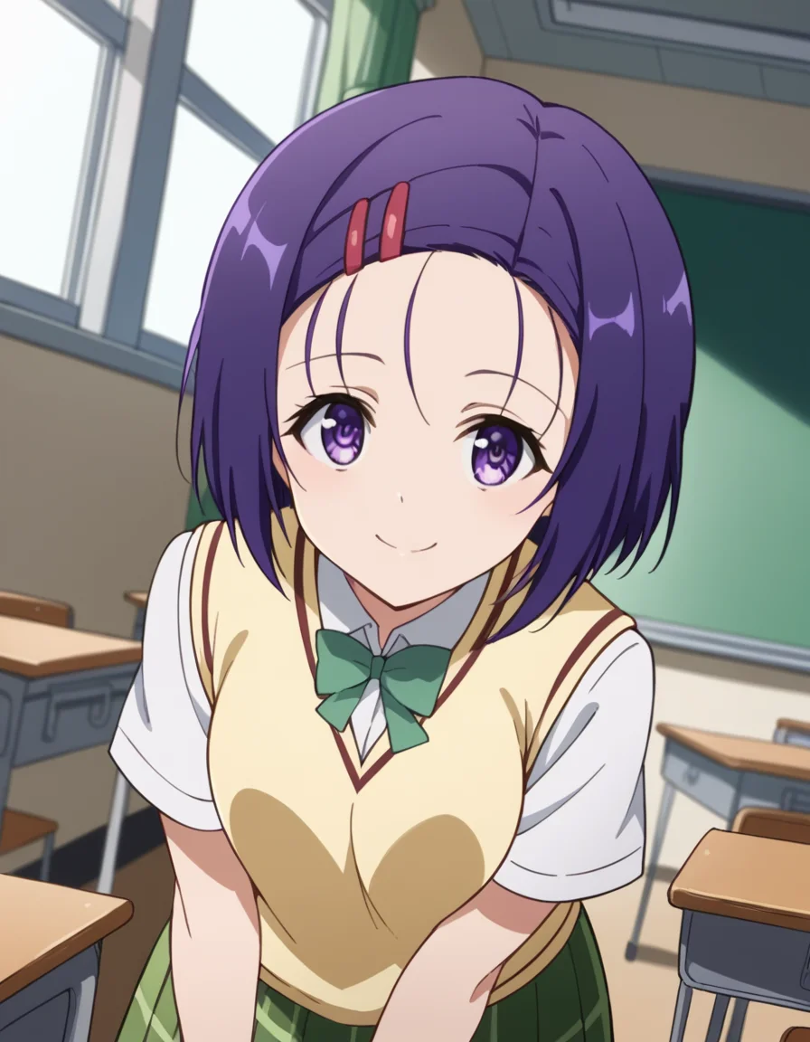 score_9, score_8_up, score_7_up, source_anime,
harunasairenji, <lora:haruna-sairenji-darkness-ponyxl-lora-nochekaiser:1>,
haruna sairenji, hair ornament, hairclip, purple eyes, purple hair, short hair, swept bangs, forehead,
green skirt, plaid, plaid skirt, sainan high school uniform, school uniform, skirt, sweater vest, yellow sweater, short sleeves,
indoors, classroom, bent over, smile,
looking at viewer, cowboy shot, dutch angle, solo,