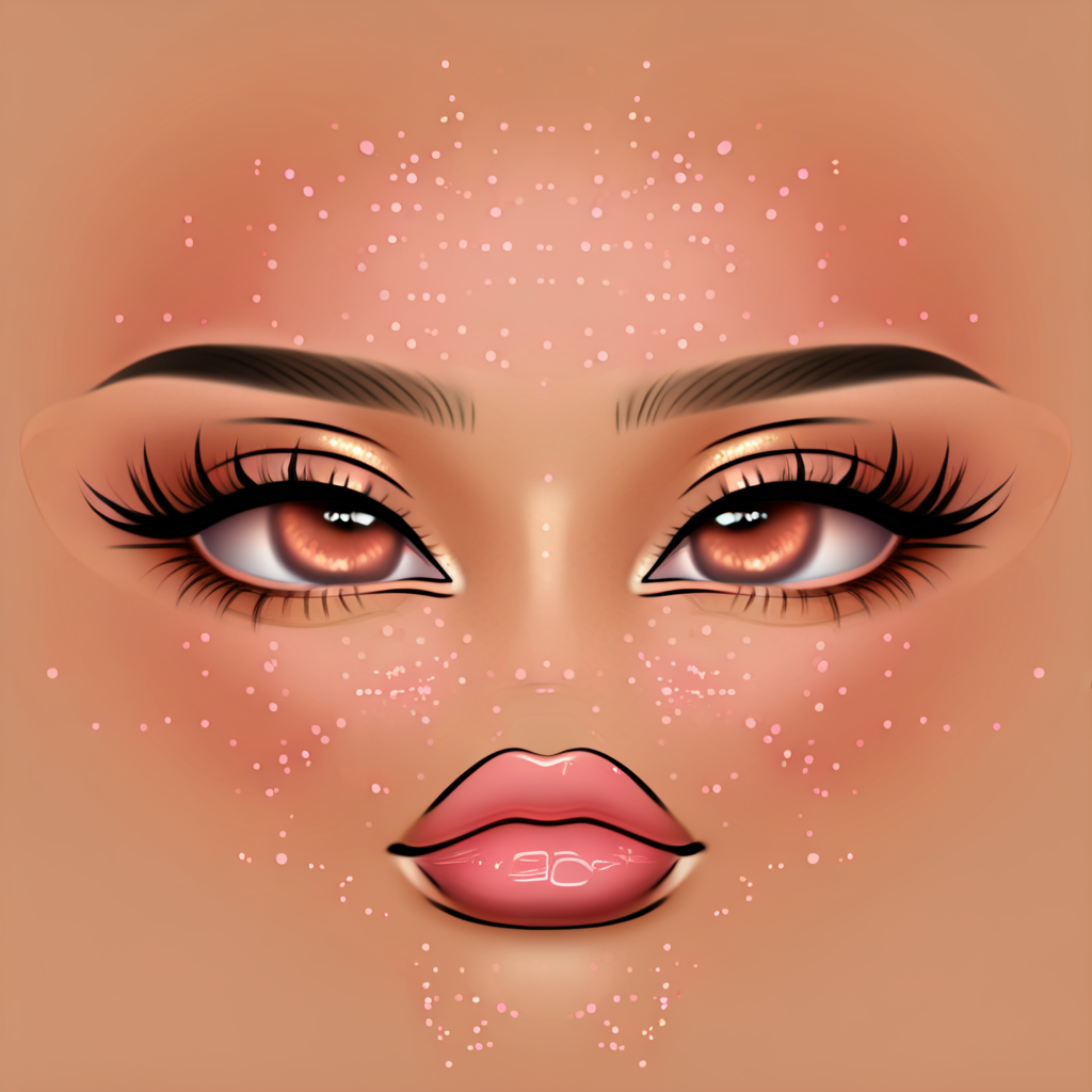roblox face makeup, nougat, looking at viewer, pink glossy lips, orange eyeshadow, freckles