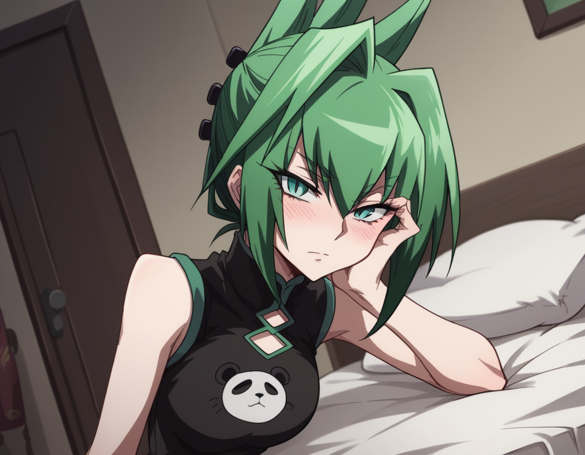 score_9, score_8_up, score_7_up, source_anime,
juntao, <lora:jun-tao-2021-s1-ponyxl-lora-nochekaiser:1>,
jun tao, green eyes, green hair, hair between eyes,
animal print, bear print, black dress, china dress, chinese clothes, dress, air, hip vent, panda print, side slit, sleeveless, sleeveless dress, thigh strap,
indoors, bed, bed room, on side, blush, drunk,
looking at viewer, cowboy shot, solo, dutch angle