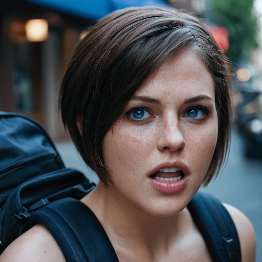 cinematic film still of  <lora:detailed_notrigger:0.3>
<lora:facial expression style v2:0.1>
<lora:perfection style:0.1> perfection style
<lora:TeethXL:0.1>
<lora:detailed:0.1> detailed
 <lora:skin texture style:1>
A cinematic skin texture style still image of a woman with a black top and a black backpack, detailed skin pore, film still, still photography style, sharp style, detailed style, perfect style, perfection style, Kodak film skin tone style, fujifilm skin tone style, professional photography style, skin textured, skin texture style, 1girl, solo, looking at viewer, short hair, open mouth, blue eyes, brown hair, teeth, lips, scar, portrait, realistic, jill valentine, realistic skin style
, shallow depth of field, vignette, highly detailed, high budget, bokeh, cinemascope, moody, epic, gorgeous, film grain, grainy