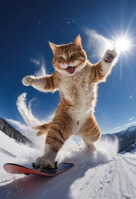 animal (cat:1.5) skiing, snowboard, snow explosion, action shot, nude, sunlight, wide angle, (tail:1.3) <lora:EnvyActionShotXL01:0.5> 8k, F2.8, RAW Photo, ultra detailed, real life <lora:xl_more_art-full_v1:0.8>