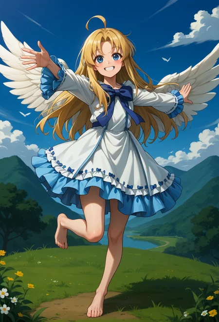 score_9, score_7_up, source_anime, BREAK solo, smile, standing on one leg, outstretched arms, blue sky, <lora:AEFilo-000009:0.7> AEFilo, blue eyes, blonde hair, ahoge, long hair, white wings, blue bowtie, white dress, frilled dress, frilled sleeves, long sleeves, barefoot,