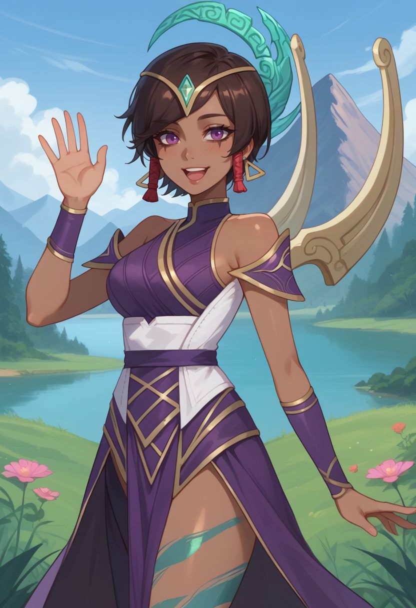 score_9, score_8_up, score_7_up, source_anime, 1girl, karmadef, purple eyes, black hair, brown hair, short hair, dark skin, dark-skinned female, medium breasts, earrings, jewelry, hair tubes, hair ornament, tiara, bare shoulders, purple dress, pelvic curtain, purple thighhighs, single thighhigh, wings, standing, open mouth, smile, waving, blush, looking at viewer, outdoors, grass, nature, lake, mountain in the background, sun, facing viewer, upper body, <lora:Karma_v1-000010:1>