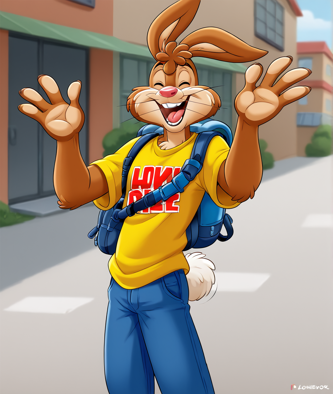 zPDXL3,<lora:Quicky_Pony:1>,quicky,4 fingers,brown fur,pants,yellow shirt,laughing,standing,slim,solo,looking_at_viewer,art by lonbluewolf,, <lora:PDXL_artist_tags_v2_big:1>