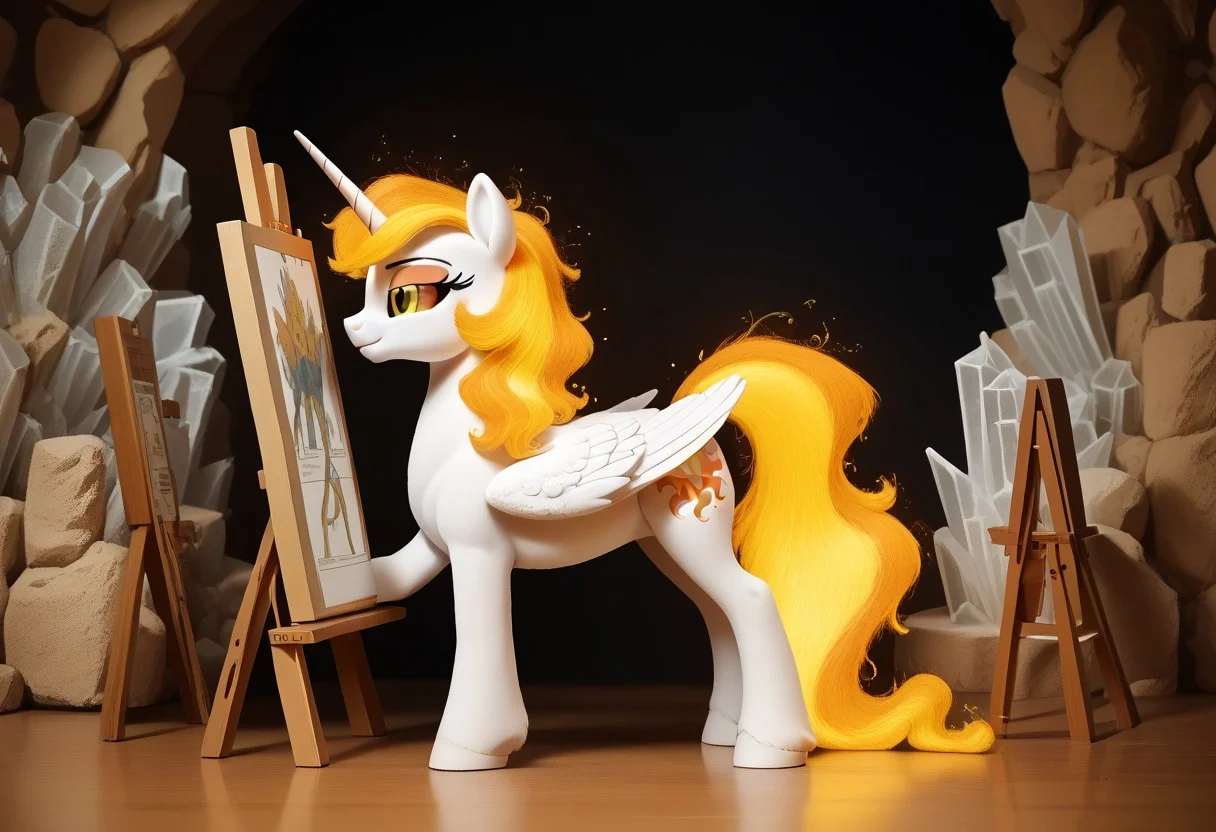 score_9, score_8_up, score_7_up, score_6_up, score_5_up, score_4_up, The dark side of Celestia, Daybreaker, alicorn pony, g5, rich colors, crystal castle, Crystal Empire, crystal heart in the center of the square, presents a painting of rabbits and pony, aroused, front view, detailed background, pony, solo, detailed, 8k quality, side view, beautiful, teasing, easel and brushes, leaned to the floor, free actions,
