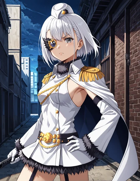 score_9, score_8_up, source_anime, 1girl, upper body, medium shot, detailed, mgrcizumikanagi, kngmgc, white hair, short hair, grey eyes, looking at viewer, white garrison cap, gold monocle, one eye covered, white cape, gold epaulettes, white sleeveless dress, black fur trim, white detached sleeves, black belt, white gloves, hand on hip, serious, outdoors, alley, holding whip, dynamic pose, fighting stance, wind, looking at viewer, night, (side view:0.7), <lora:mgrcizumikanagi_XL:0.9>