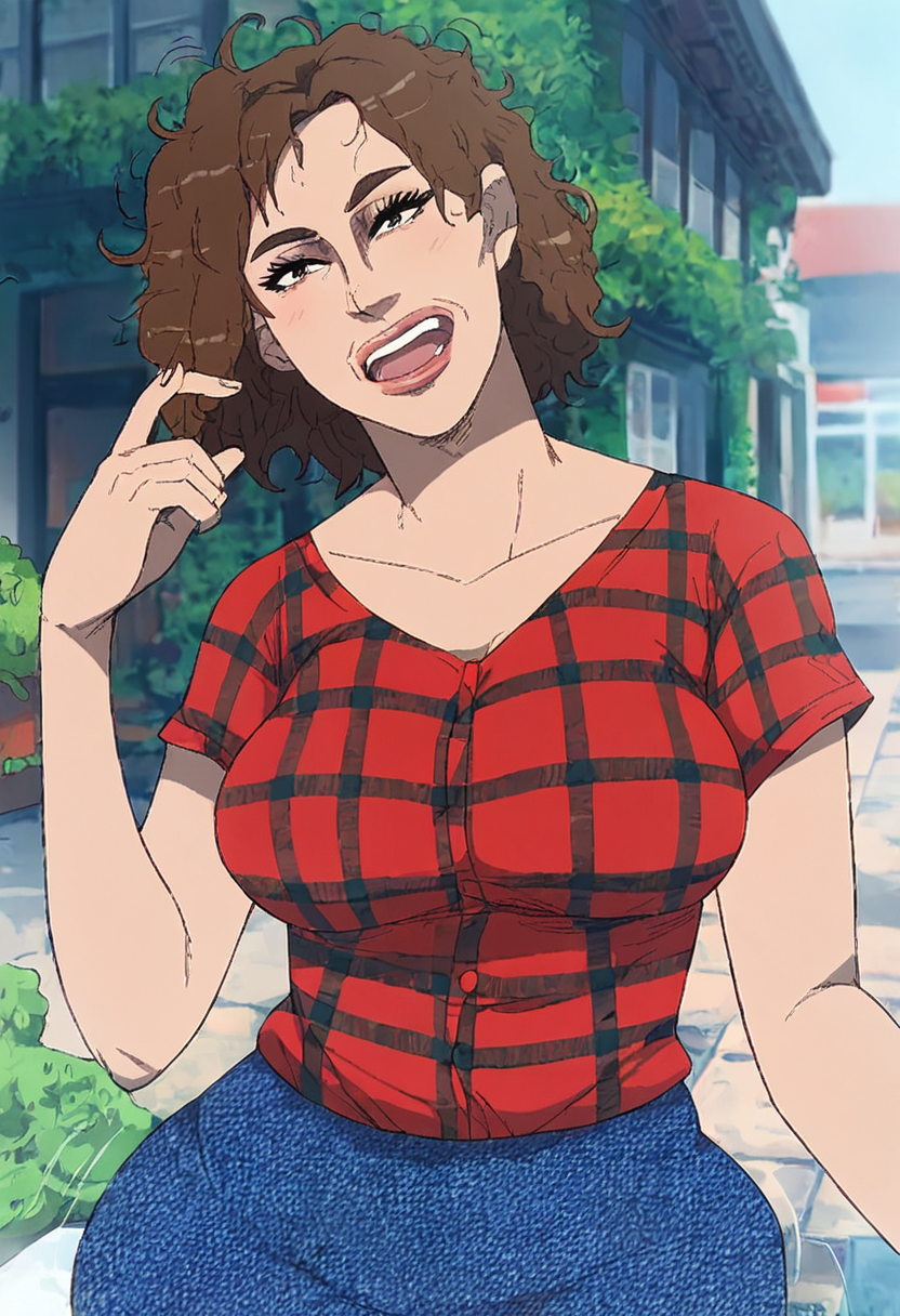score_9, score_8_up, score_7_up, source_anime, 1girl, large_breasts, mature_female, curvy, wide_hips, solo, looking_at_viewer, open_eyes, Posing as if shouting into the distance, fisheye, Violet Plaid, messy hair, pageboy, Medium Brown hair, rural, cropped_arms, rating_safe, <lora:pony\artist_styles\contingency_pony:1.0>