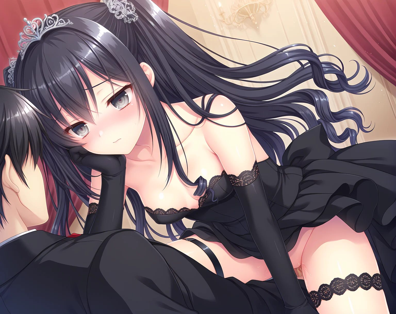 1girl,straddling,vaginal,leg lift,touko,kinmedai pink,black hair,grey eyes,curly hair,small breasts,collarbone,black sleeves,lace trim,elbow gloves,cowboy shot,hand on own cheek,thigh strap,<lora:Touko_GFQ_SP:0.5>,wedding_dress,, masterpiece,best quality,amazing quality, very aesthetic, absurdres,detailed eyes,ultra-detailed,