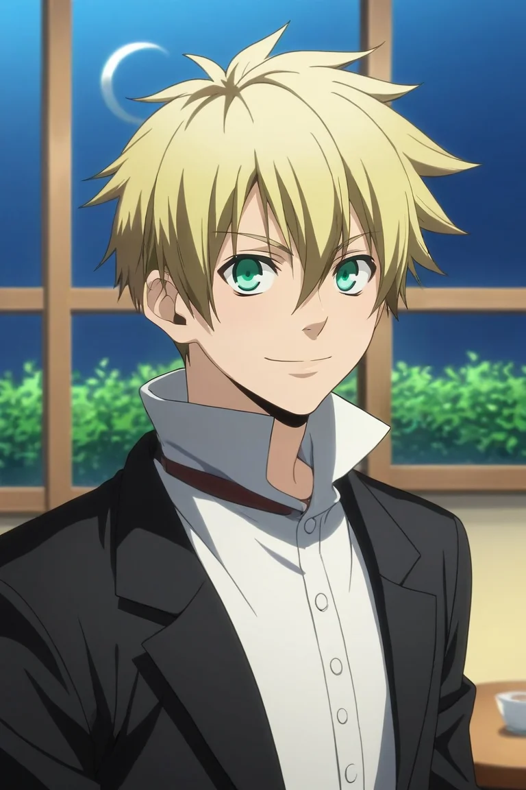 score_9, score_8_up, score_7_up, source_anime, rating_safe, intricate details, (photorealistic:0.6), looking at viewer, depth of field, 1boy, solo, male focus, <lora:liberta_arcana_famiglia_pony:0.86>, liberta_arcana_famiglia, blonde hair, green eyes, short hair, hair between eyes, symmetry, restaurant, night, crescent moon, holding weapon, light smile, jacket,, <lora:sdxl_lightning_8step_lora:1>