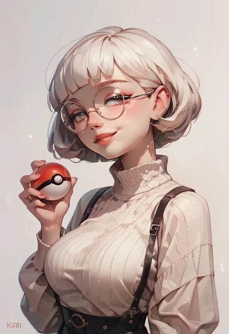 score_9, score_8_up, score_7_up, score_6_up, pastel, watercolor, 
White hair, blunt bangs, 
cute, female, 1girl, pokemon girl, holding PokeBall,
large breasts, white knitted cropped sweater, black bra straps, 
Smiling, round glasses,