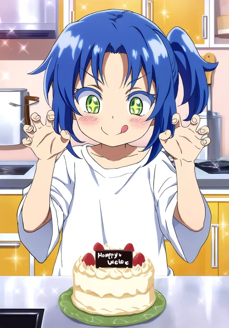 masterpiece,absurdres,best quality,high quality,<lora:MeMaXL5 Type B Vpred Noob:1>,1girl,kitchen,straight-on,cake,claw pose,looking down,smile,happy,blush,child,blue hair,green eyes,v-shaped eyebrows,colored eyelashes,side ponytail,long sleeves,oversized shirt,tongue out,+_+,sparkle,