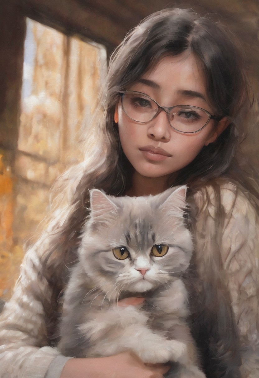 score_7,score_8,score_9, cute 20 year old woman holding her pet (golden himalayan persian cat with golden eyes:1.3), digital painting, pale skin,highly detailed face, blue grey eyes, black nerd glasses, light brown hair, medium length hair, chubby girl, depressed facial expression,wearing a cozy sweater, dark background,warm colors,remarkable color,ultra realistic,defiant facial expression