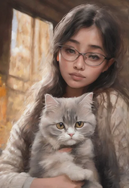 score_7,score_8,score_9, cute 20 year old woman holding her pet (golden himalayan persian cat with golden eyes:1.3), digital painting, pale skin,highly detailed face, blue grey eyes, black nerd glasses, light brown hair, medium length hair, chubby girl, depressed facial expression,wearing a cozy sweater, dark background,warm colors,remarkable color,ultra realistic,defiant facial expression