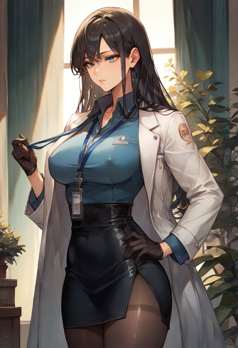 1girl, cowboy shot,  black hair, long straight hair, side bangs, blue eyes, white lab coat, blue collared shirt, black pencil skirt, black thighband pantyhose, lanyard, black gloves,  long eyelashes, (lips:0.75),  covered nipples,  (shiny skin:1.15), (score_9, score_8_up, score_7_up:1.3), 4k, very aesthetic