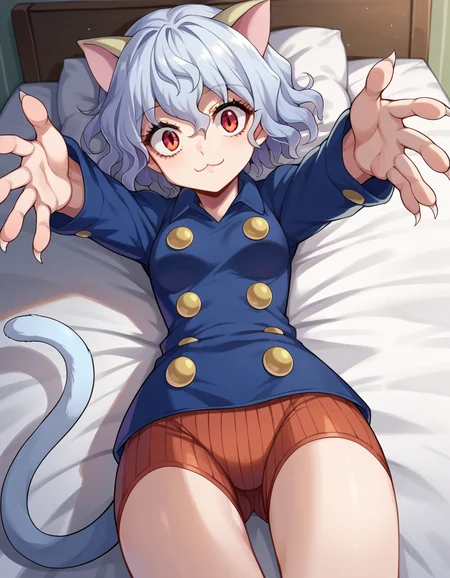 score_9, score_8_up, score_7_up, source_anime,
neferpitou, <lora:neferpitou-ponyxl-lora-nochekaiser:1>,
neferpitou, short hair, red eyes, animal ears, tail, white hair, cat ears, cat tail, curly hair, smile,
long sleeves, shorts,
indoors, bed, bed room, on back, arm support, arms up, incoming hug, pov, reaching, reaching towards viewer,
looking at viewer, dutch angle, cowboy shot,