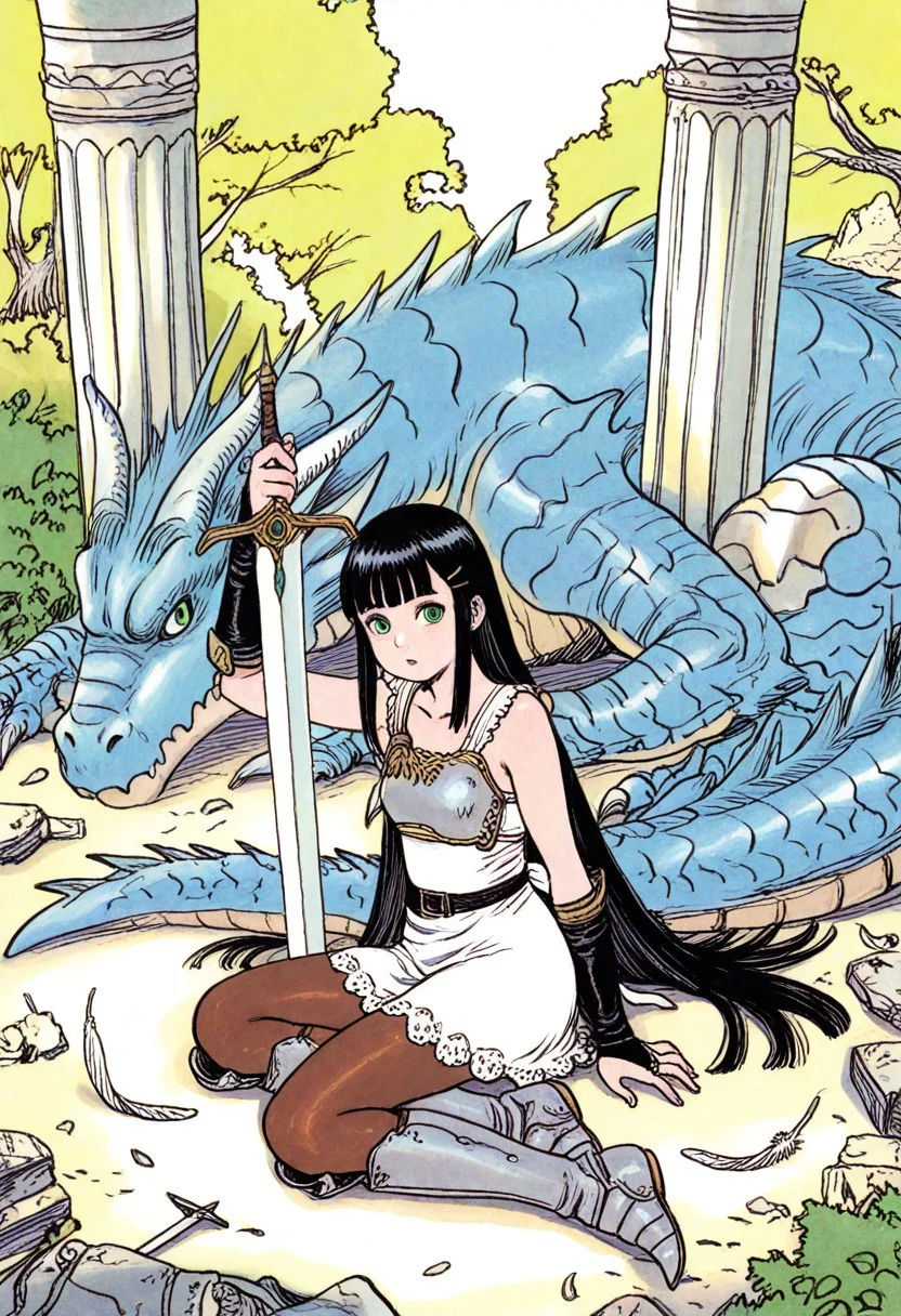 masterpiece, best quality, very aesthetic, absurdres,
full body, 1girl, solo focus, dragon knight ayla, green eyes, tareme, black hair, very long hair, straight hair, blunt bangs, sidelocks, small breasts, collarbone, bare shoulders,
hairclip, chest guard, short dress, white dress, gold trim, lace-trimmed dress, frilled dress, sleeveless dress, black gloves, bridal gauntlets, belt, back bow, brown pantyhose, greaves, knee boots, grey footwear,
planted sword, holding sword, unsheathed,
looking at viewer, yokozuwari, on ground, arm support, parted lips, from side, expressionless, from above, wide shot,
huge dragon, blue dragon, protecting,
outdoors, nature, day, dappled sunlight, ruins, falling feathers, column,
rakugakingu