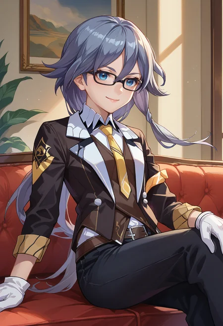 score_9, score_8_up, source_anime, HuaDarkButler, blue eyes, grey hair, long hair, low ponytail, glasses, black jacket, white collared shirt, brown vest, yellow necktie, white gloves, belt, black pants, indoors, sitting, on couch, smile, <lora:ChamFuHuaPonyXL:1>