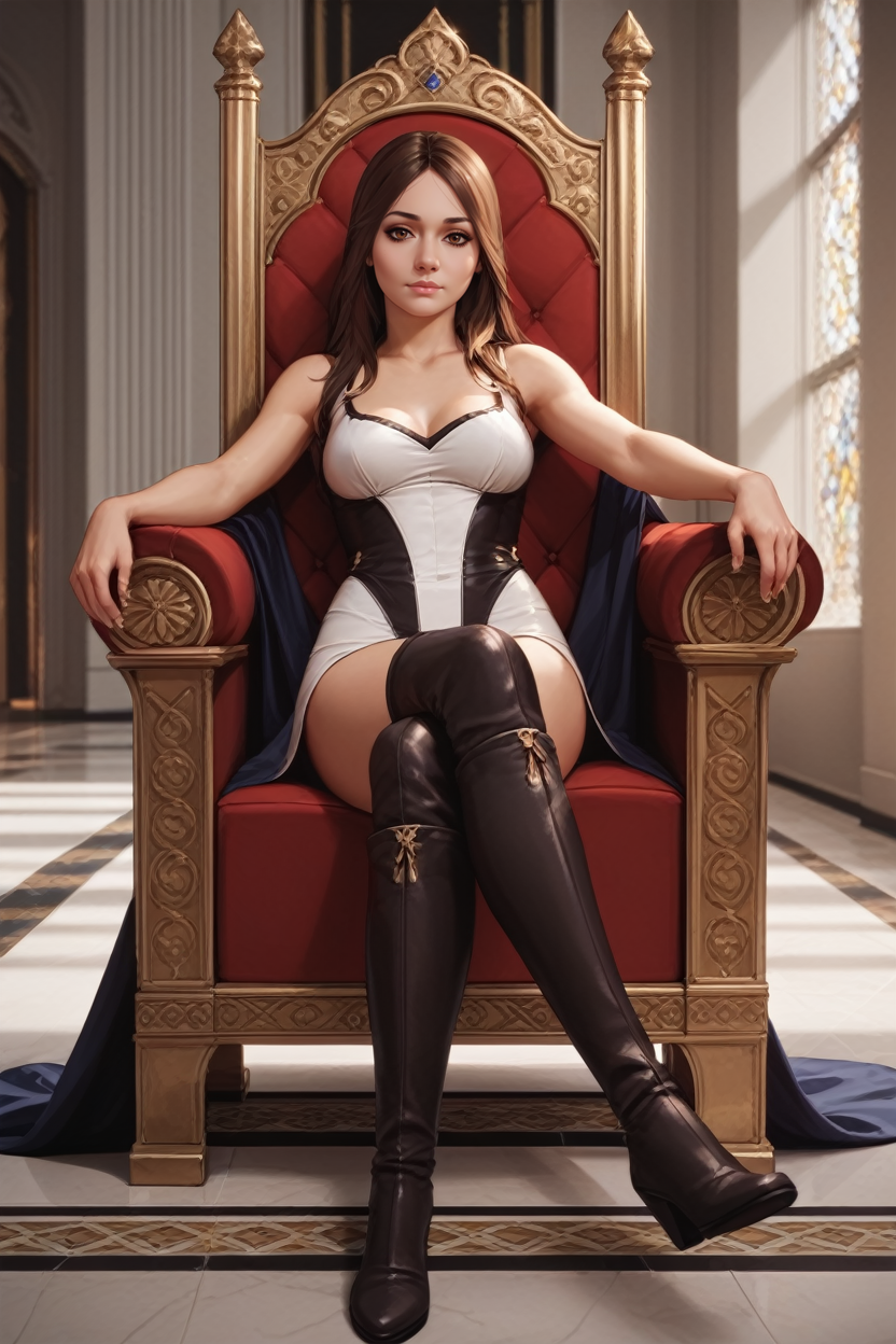 score_9, score_8_up, score_7_up,
<lora:MEDiana:0.8>
MEDiana, 1girl, brown hair, brown eyes, long hair, looking at viewer, sitting, throne, crossed legs, indoors, thigh boots