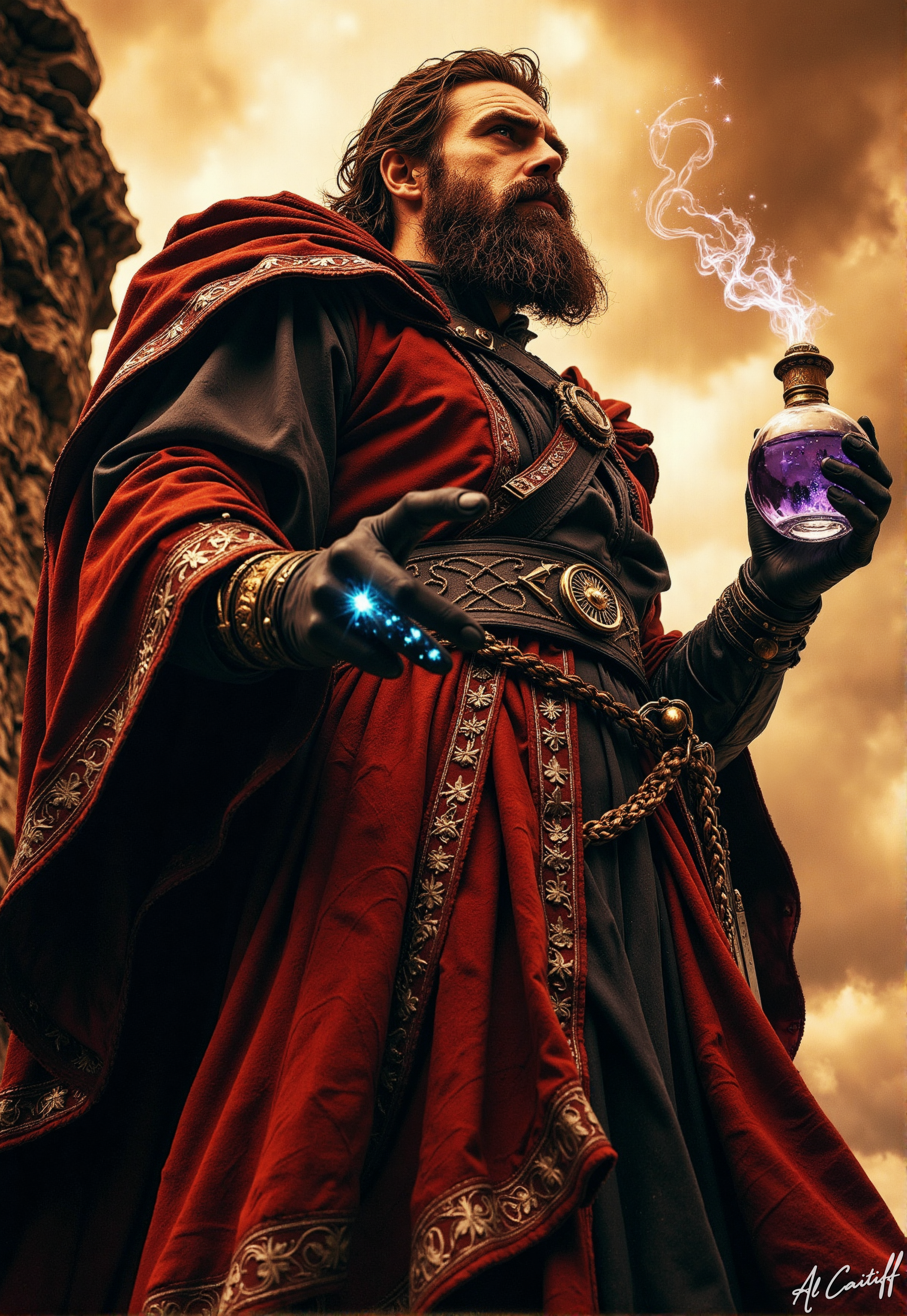 Extreme low-angle shot, 35mm fisheye lens with pronounced barrel distortion, intense motion blur on the subject's cloak, very shallow f/1.4 depth of field. A dramatic, high-contrast scene with warm golden tones. A tall, imposing figure with a rugged beard and piercing green eyes stands at the edge of a cliff, gazing up at the sky. He wears a long, billowy crimson cloak with intricate silver embroidery, clasped at the shoulder with a heavy, ornate brooch. His dark leather gloves are adorned with small, glowing blue runes that pulse with a soft, ethereal light. In one hand, he holds a delicate, crystal vial filled with a swirling purple liquid, while his other hand rests on the hilt of a worn, leather-wrapped sword at his side., B&W<lora:Flux/Wraith_BW_Flux.safetensors:0.25000000000000006:0.25000000000000006> <lora:CustomFlux/MysticRealism.safetensors:0.7500000000000001:0.7500000000000001>