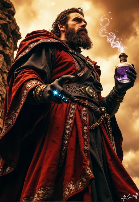 Extreme low-angle shot, 35mm fisheye lens with pronounced barrel distortion, intense motion blur on the subject's cloak, very shallow f/1.4 depth of field. A dramatic, high-contrast scene with warm golden tones. A tall, imposing figure with a rugged beard and piercing green eyes stands at the edge of a cliff, gazing up at the sky. He wears a long, billowy crimson cloak with intricate silver embroidery, clasped at the shoulder with a heavy, ornate brooch. His dark leather gloves are adorned with small, glowing blue runes that pulse with a soft, ethereal light. In one hand, he holds a delicate, crystal vial filled with a swirling purple liquid, while his other hand rests on the hilt of a worn, leather-wrapped sword at his side., B&W<lora:Flux/Wraith_BW_Flux.safetensors:0.25000000000000006:0.25000000000000006> <lora:CustomFlux/MysticRealism.safetensors:0.7500000000000001:0.7500000000000001>