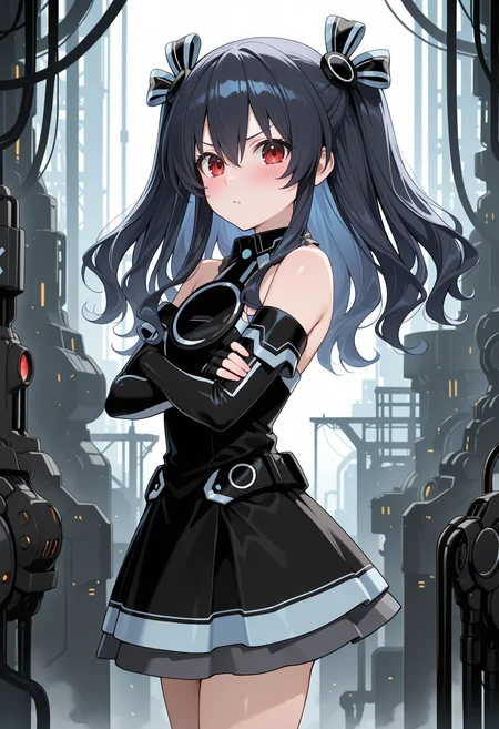 highres, best quality, masterpiece, industrial, science fiction, 
1girl, solo, nptuni, black hair, long hair, red eyes, two-side up, hair between eyes, hair ornament,
1nidef, hair ribbon, black dress, sleeveless dress, black collar, bare shoulders, elbow gloves, fingerless gloves,
looking at viewer, blush, v-shaped eyebrows, 
standing, crossed arms, from side,
<lora:_uni_elesico-ilxlG:1>