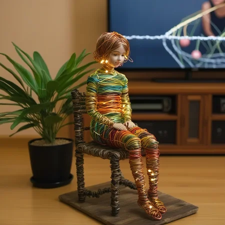 wire art, The girl sits watching the audience, closeup, the TV, the plants <lora:éä¸èºæ¯:0.7>