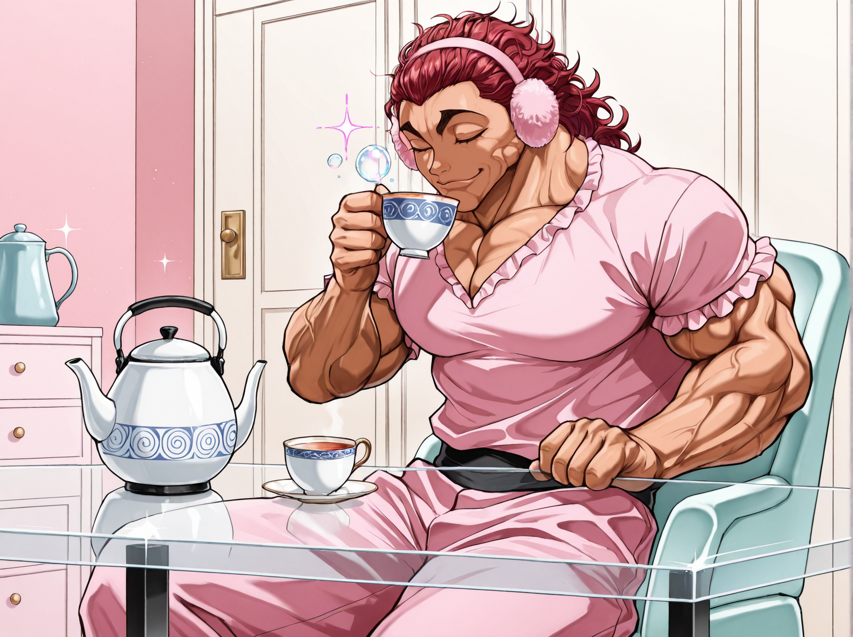 masterpiece, best quality, amazing quality, absurd res, 
 <lora:Yujiro_Hanma_Baki_for_Illustrious:1> 1boy, yuj1ro, muscular, pants, shirt, red hair
pink frills shirt, pink pants, sitting at table, glass table, pink bedroom, indoors, girls bedroom, solo, fluffy pink earmuffs, drinking tea, teacup, tea kettle, porcelain, cute, closed eyes, smile, bubbles, sparkles,