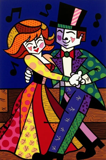 romeb1 illustration.
A couple dancing. The figure on the left is a woman with bright orange hair, styled in a bob with a prominent, stylized wave. On the right is a man waring a tuxedo and a top hat. <lora:romeb1_cap_d6a3e12:1.0><lora:829127107310405246:0>