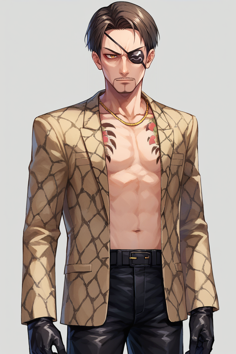 score_9, score_8_up, score_7_up, BREAK, 1boy, solo,  <lora:majima-guy-PONYv1:1>, majima, majimaDEF, eyepatch, jacket, open clothes, tattoo, black gloves, black pants, necklace, animal print,